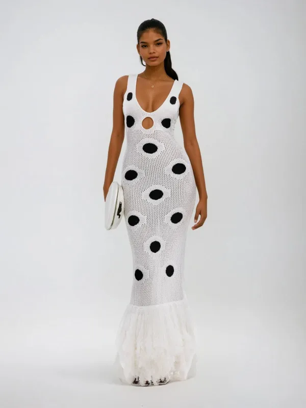 Gaelion Dot Fringe Knitted Midi Dress In White sold by Mew Mews