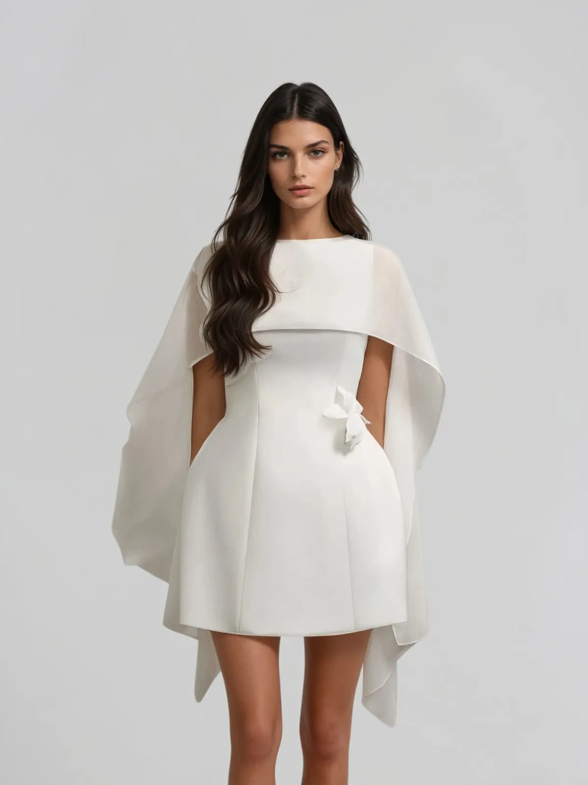 Olyon Shawl Flower Mini Dress In White sold by Mew Mews product image thumbnail 2