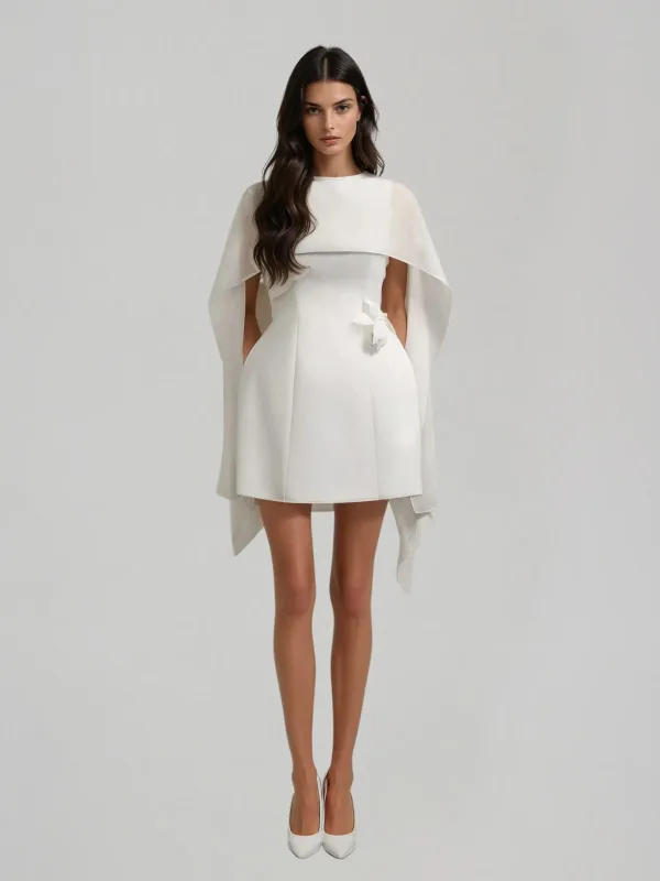 Olyon Shawl Flower Mini Dress In White made by Mew Mews