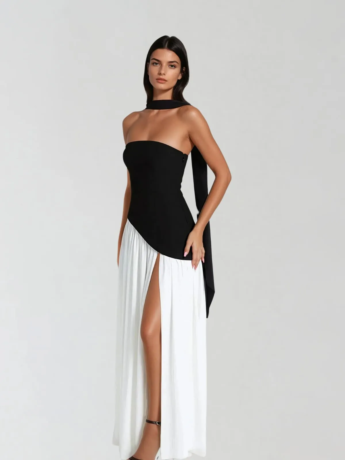 Qryxan Strapless Draped Split Maxi Dress In Black sold by Mew Mews product image thumbnail 3
