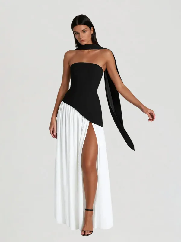 Qryxan Strapless Draped Split Maxi Dress In Black sold by Mew Mews