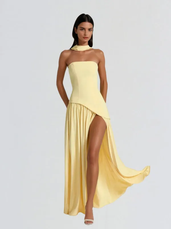 Qryxan Strapless Draped Split Maxi Dress In Yellow sold by Mew Mews