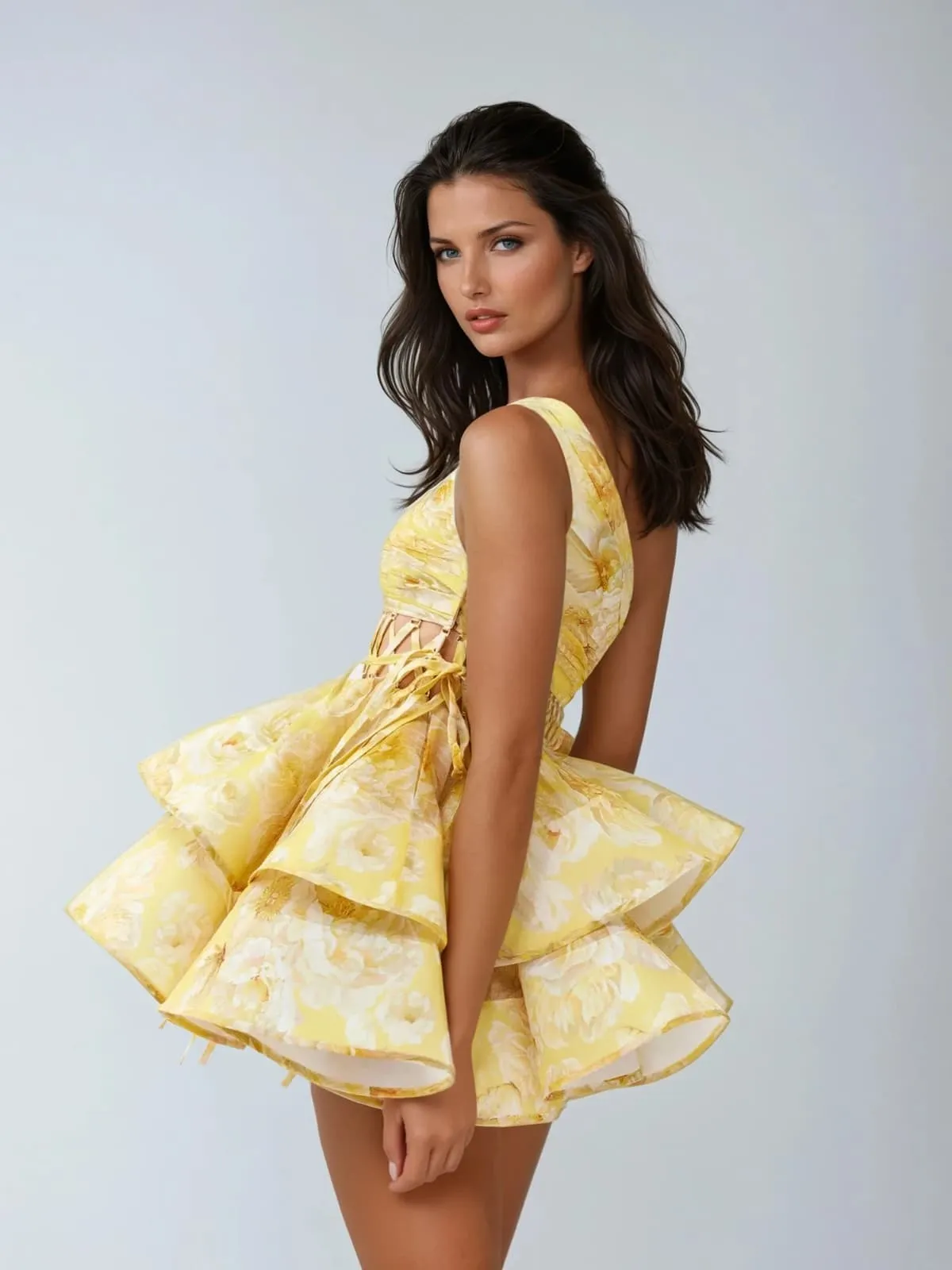 Zexmir One Shoulder Floral Tiered Mini Dress In Yellow sold by Mew Mews product image thumbnail 3