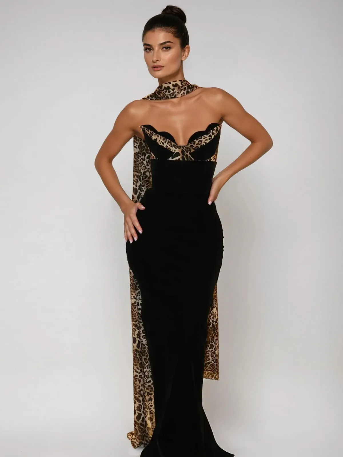 Rawan Strapless Leopard Velvet Maxi Dress sold by Mew Mews product image thumbnail 4