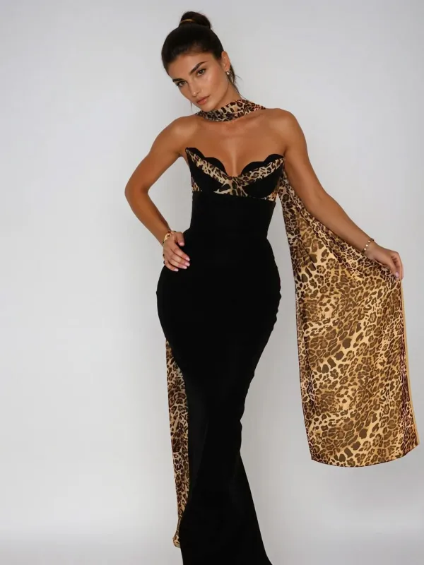 Rawan Strapless Leopard Velvet Maxi Dress made by Mew Mews