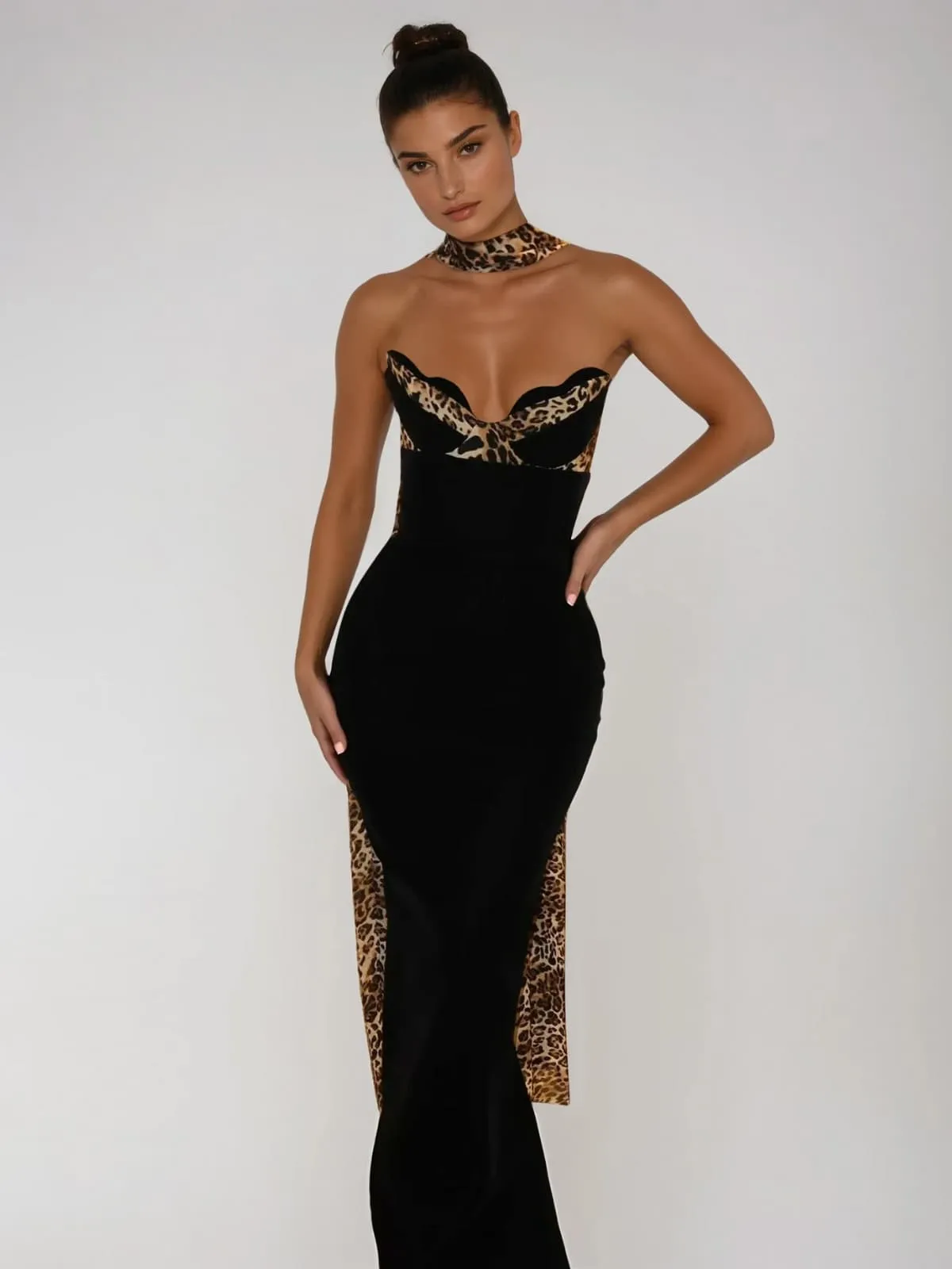 Rawan Strapless Leopard Velvet Maxi Dress sold by Mew Mews product image thumbnail 3