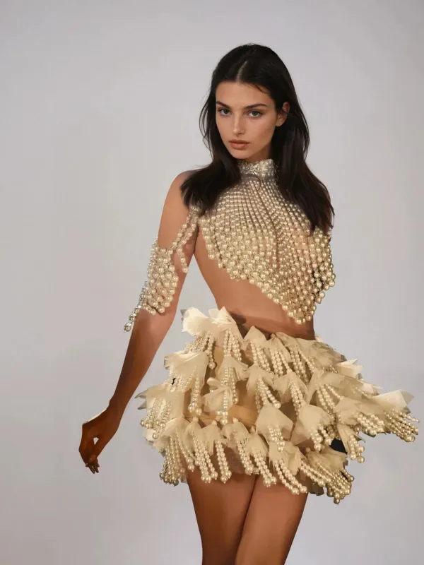 Pryxia Backless Pearl Fringe Skirt Set sold by Mew Mews