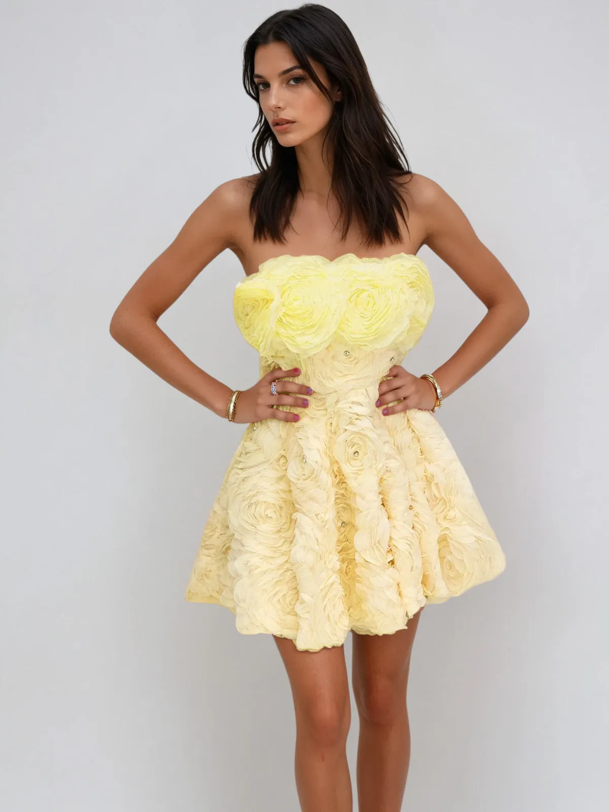 Dazrik Strapless Flower Rhinestone Mini Dress In Yellow sold by Mew Mews product image thumbnail 3