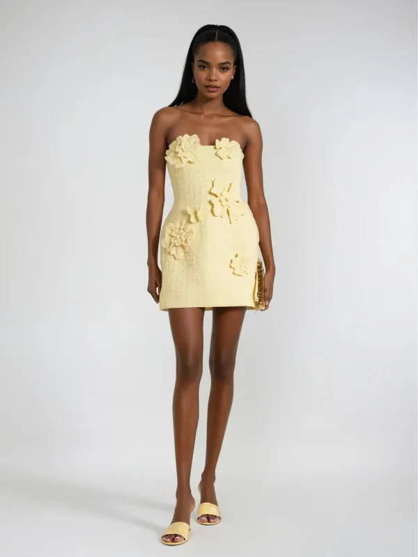 Kyrx Strapless Flower Mini Dress In Butter Yellow sold by Mew Mews