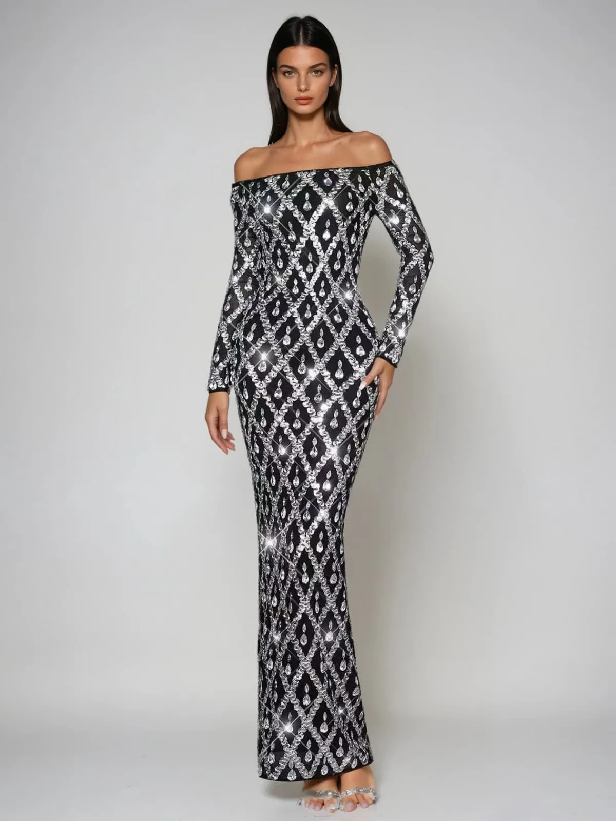 Liora Off Shoulder Crystal Maxi Dress sold by Mew Mews