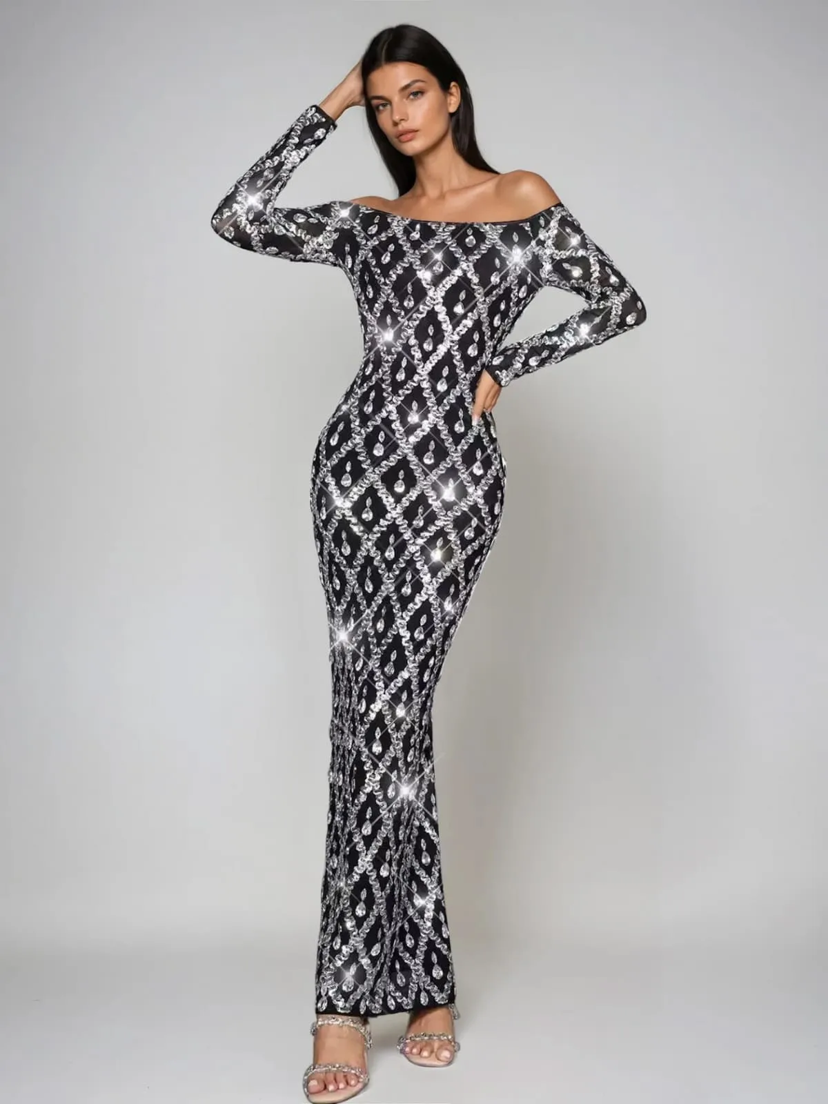 Liora Off Shoulder Crystal Maxi Dress sold by Mew Mews product image thumbnail 2