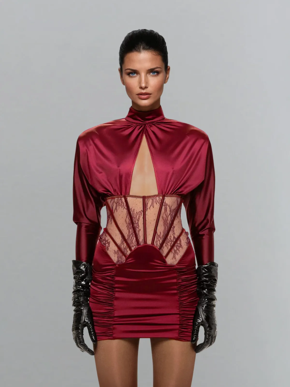 Pzrik High Neck Cutout Ruched Mini Dress sold by Mew Mews product image thumbnail 2