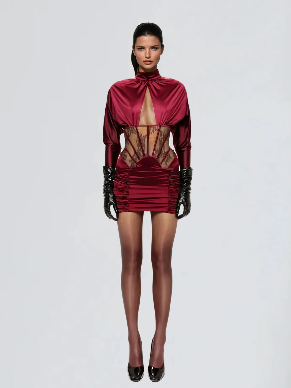 Pzrik High Neck Cutout Ruched Mini Dress sold by Mew Mews