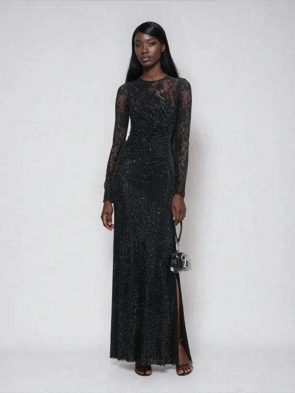 Raerion Rhinestone Lace Split Maxi Dress sold by Mew Mews