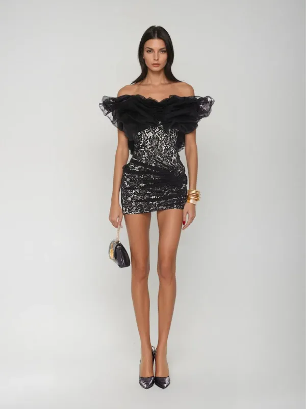 Reyren Off Shoulder Lace Ruched Mini Dress sold by Mew Mews