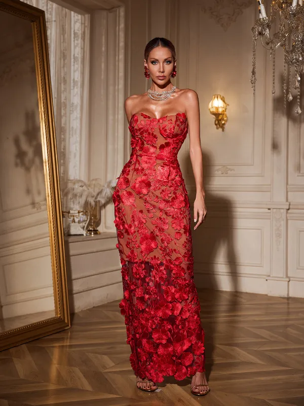 Avital Strapless Flower Maxi Dress In Red sold by Mew Mews