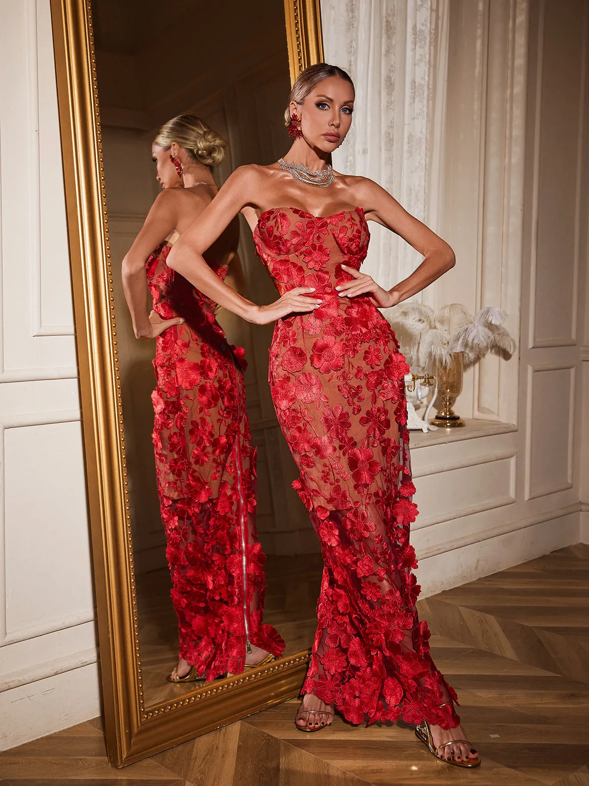 Avital Strapless Flower Maxi Dress In Red sold by Mew Mews product image thumbnail 2