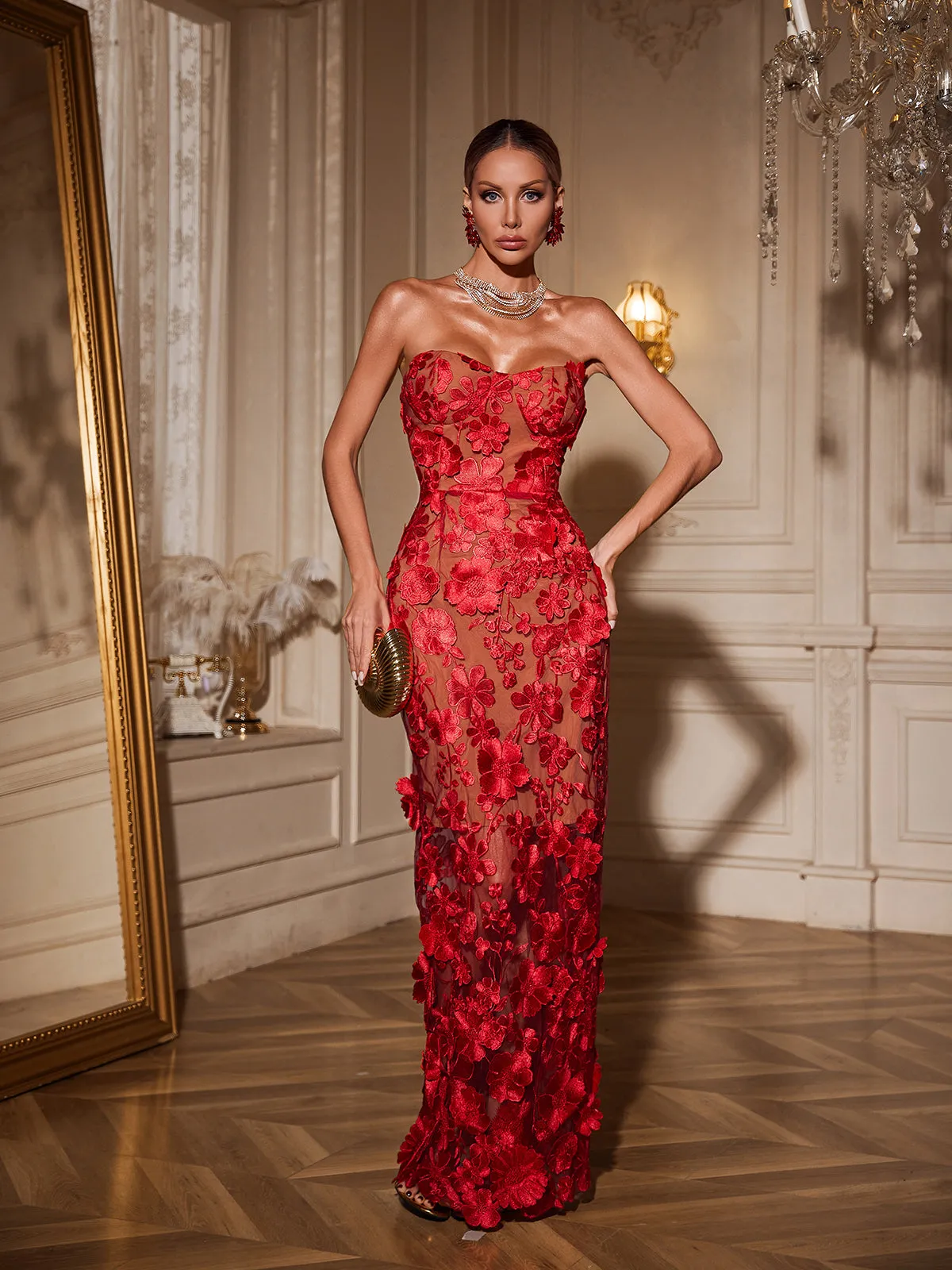 Avital Strapless Flower Maxi Dress In Red sold by Mew Mews product image thumbnail 3
