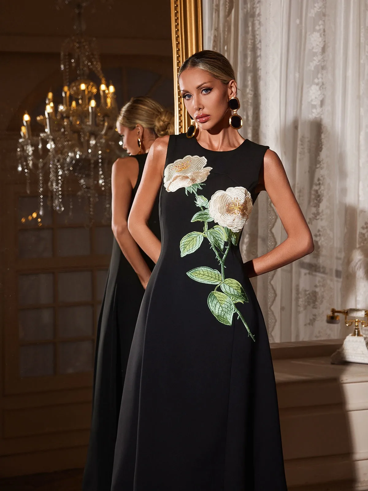 Ogima Sleeveless Flower Embroidered Midi Dress In Black sold by Mew Mews product image thumbnail 5