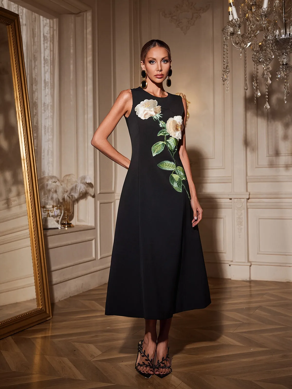 Ogima Sleeveless Flower Embroidered Midi Dress In Black sold by Mew Mews product image thumbnail 3
