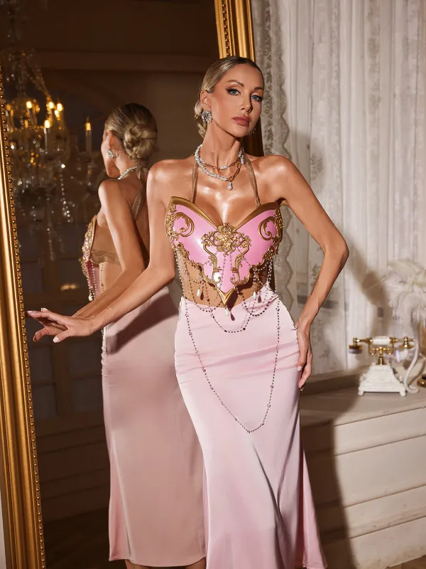 Nyrax Halterneck Chain Triangle Armor Top In Pink sold by Mew Mews