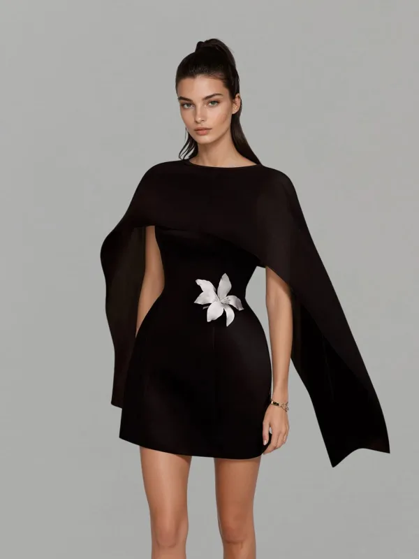 Olyon Shawl Flower Mini Dress In Black made by Mew Mews