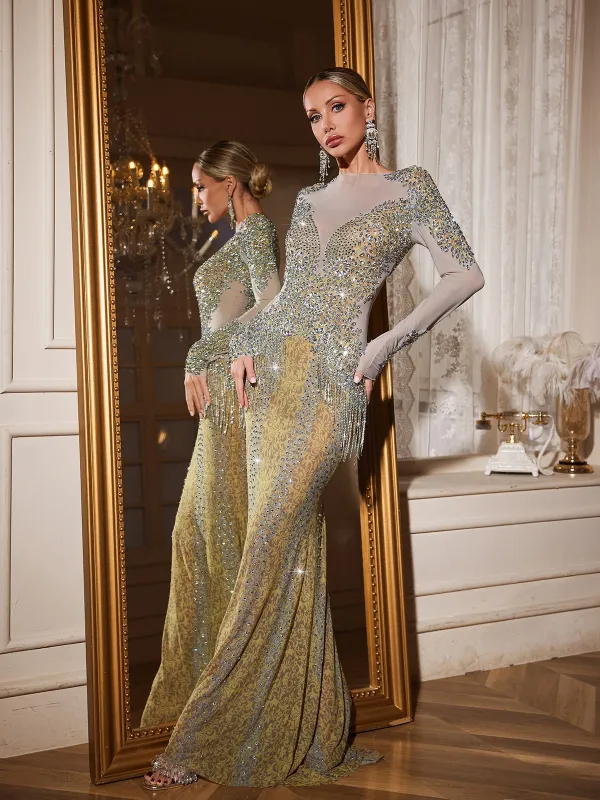 Brynion Fringe Crystal Maxi Dress sold by Mew Mews