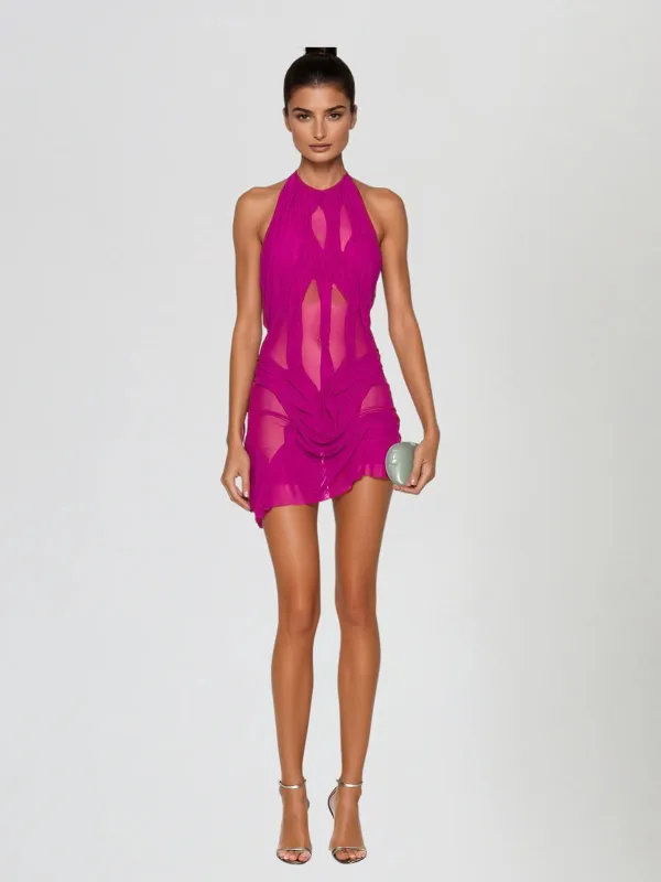 Alinka Halterneck Ruched Mini Dress In Hot Pink sold by Mew Mews