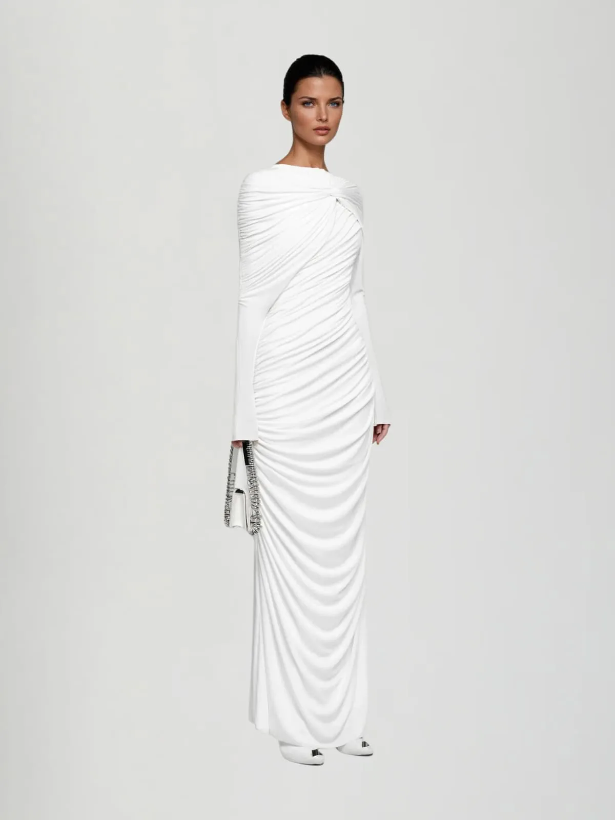 Seldrin Ruched Twisted Knitted Maxi Dress In White sold by Mew Mews product image thumbnail 2