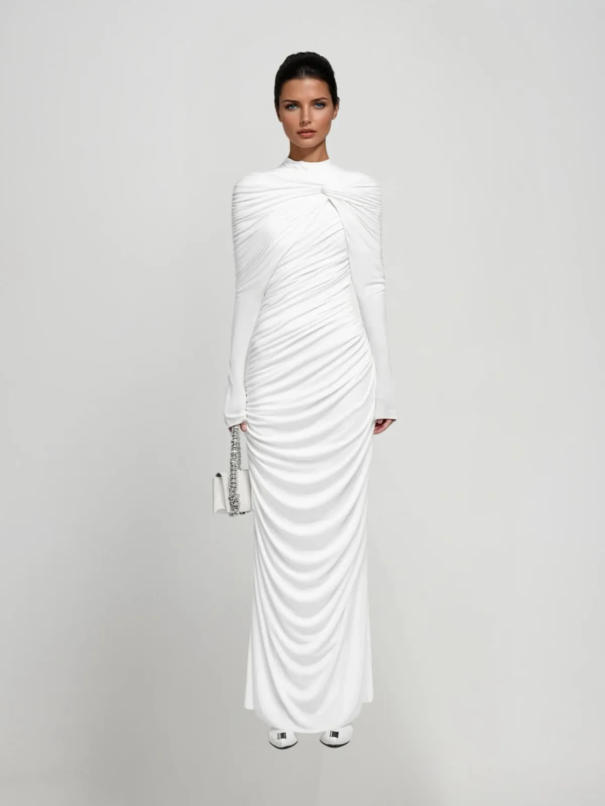 Seldrin Ruched Twisted Knitted Maxi Dress In White sold by Mew Mews