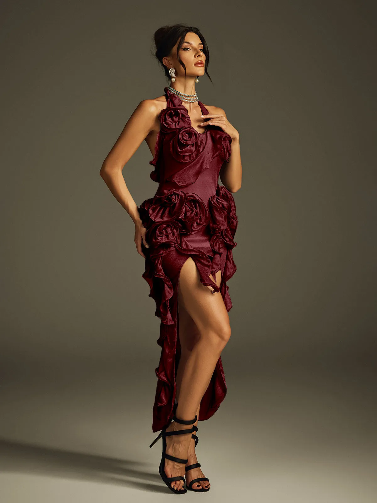 Haeris Halterneck Flower Mesh Midi Dress In Wine sold by Mew Mews product image thumbnail 4