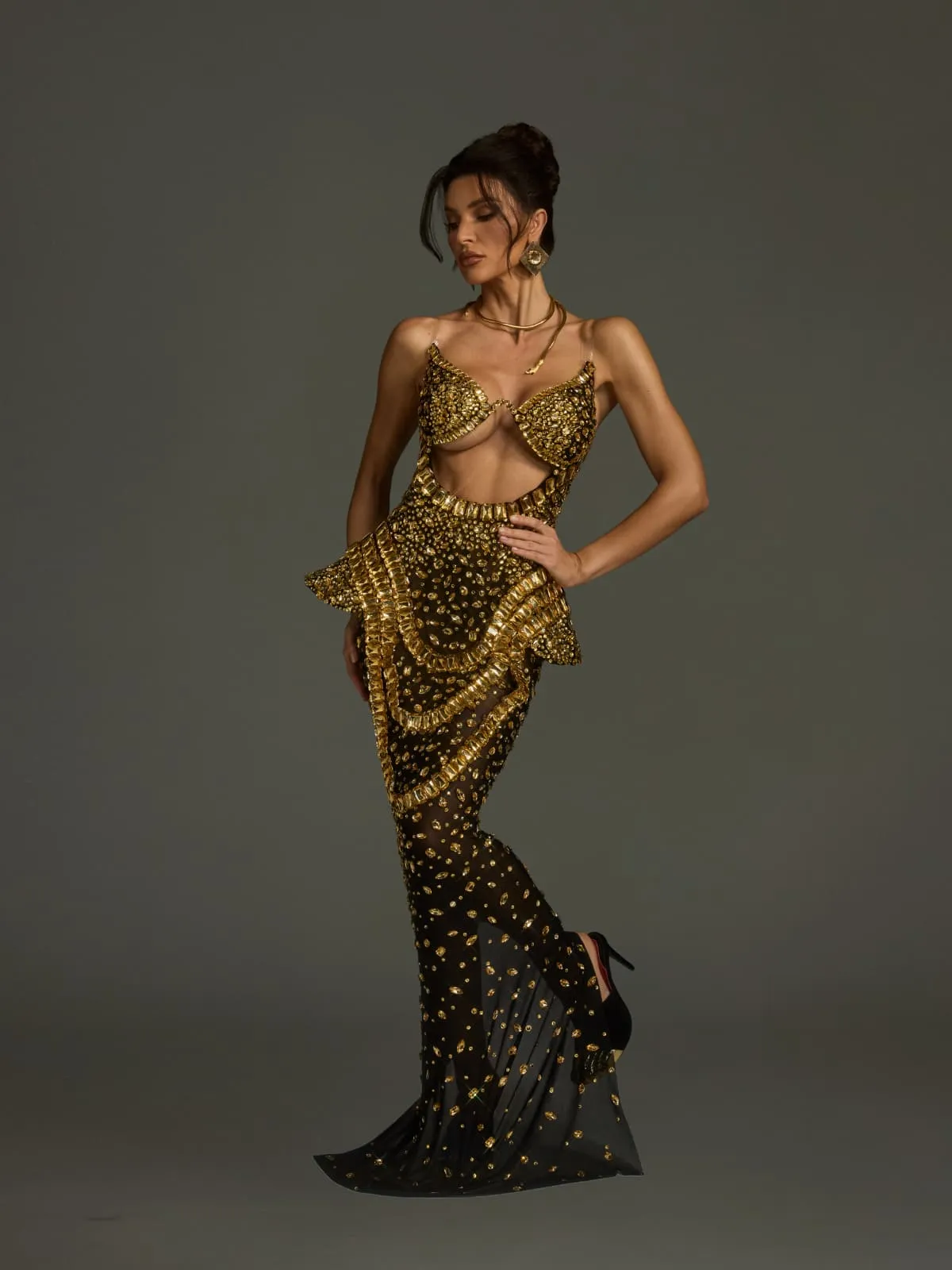 Arygon Strapless Cutout Crystal Maxi Dress In Black & Gold sold by Mew Mews product image thumbnail 4