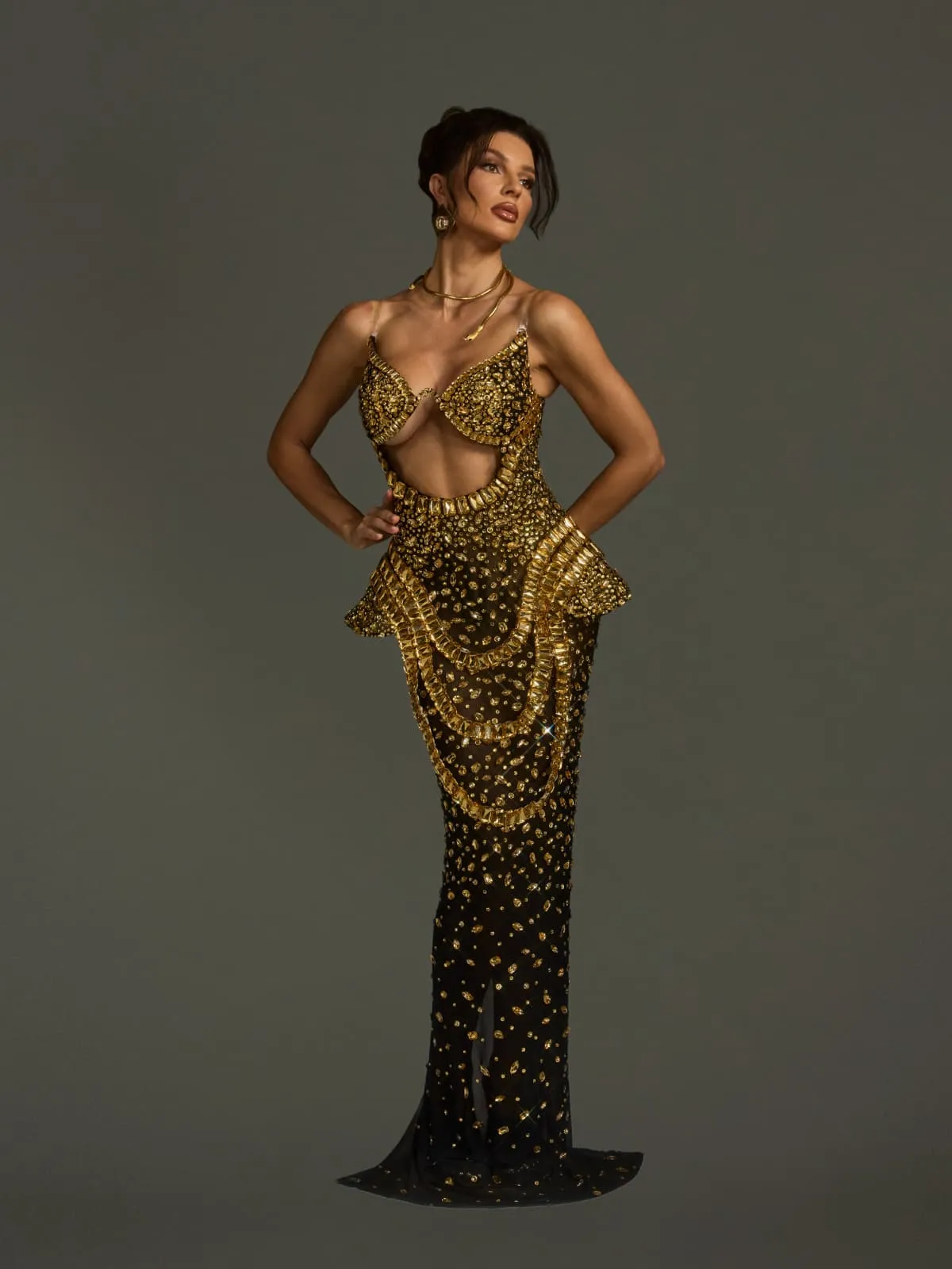 Arygon Strapless Cutout Crystal Maxi Dress In Black & Gold sold by Mew Mews