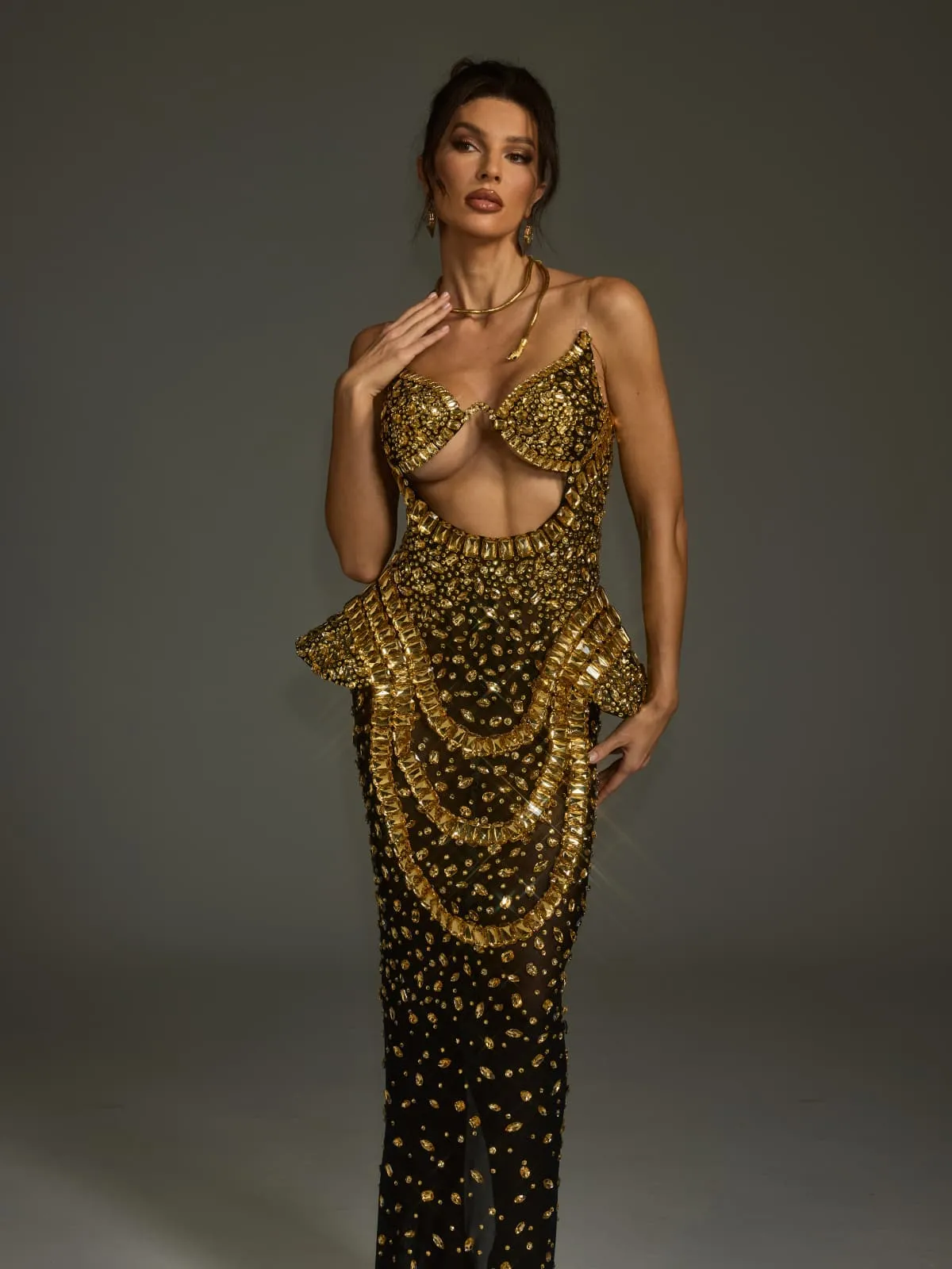 Arygon Strapless Cutout Crystal Maxi Dress In Black & Gold sold by Mew Mews product image thumbnail 5