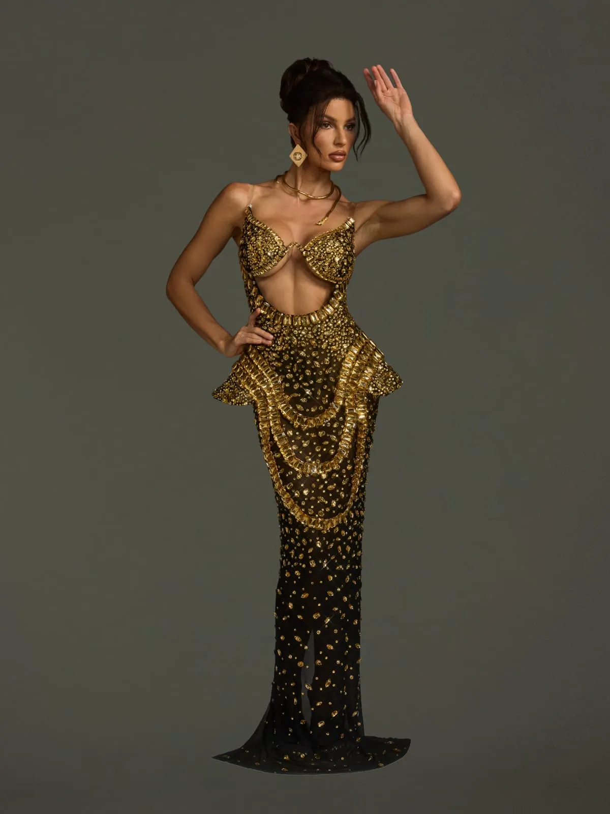 Arygon Strapless Cutout Crystal Maxi Dress In Black & Gold sold by Mew Mews product image thumbnail 3