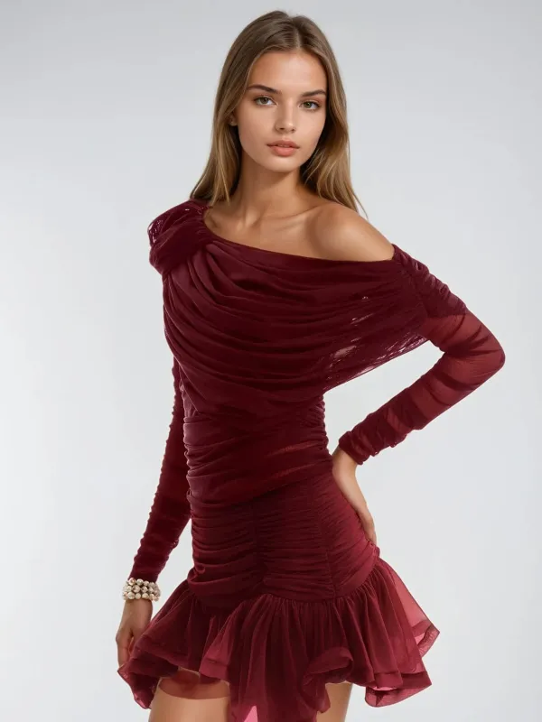 Maelyra One Shoulder Ruched Ruffle Mini Dress sold by Mew Mews