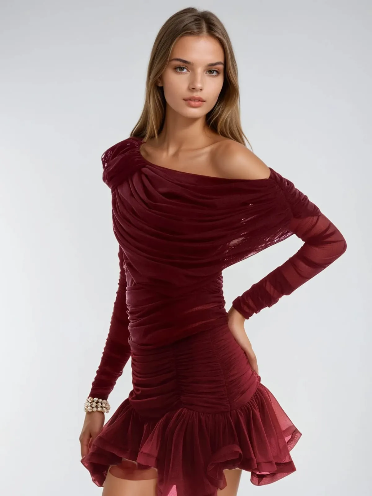 Maelyra One Shoulder Ruched Ruffle Mini Dress sold by Mew Mews