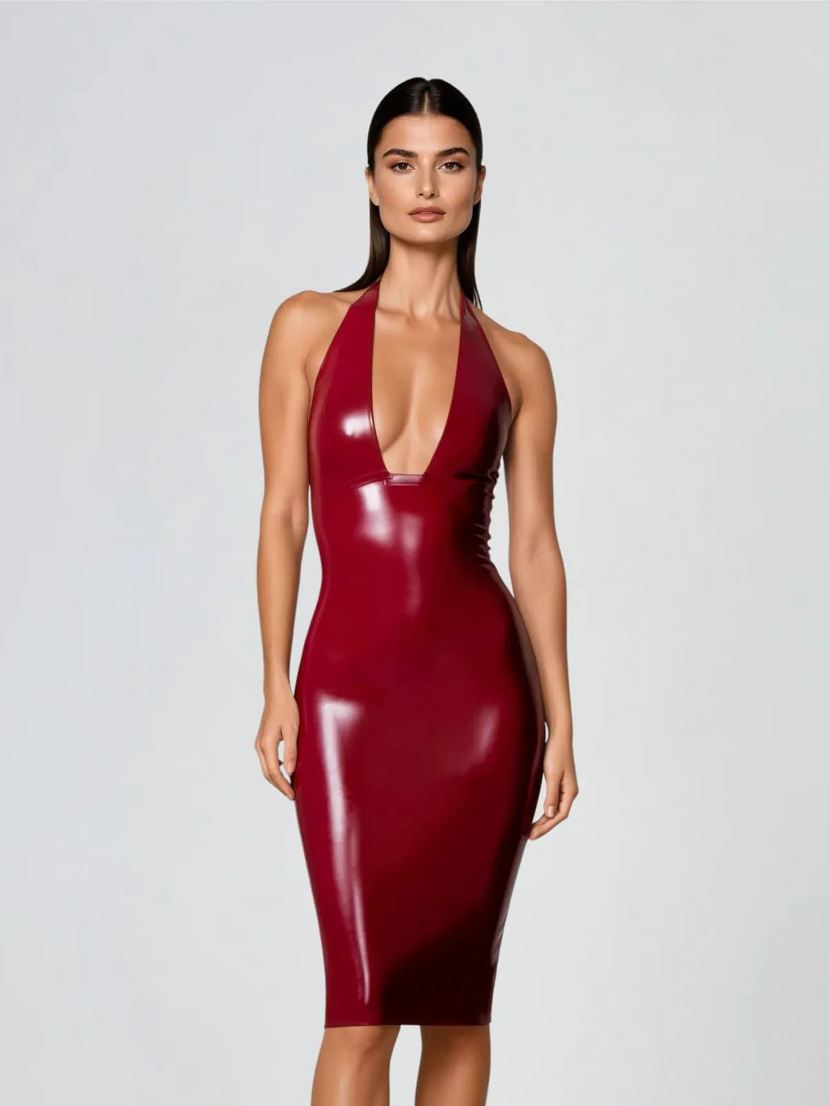 Sexia Plunge Neck Latex Mini Dress sold by Mew Mews