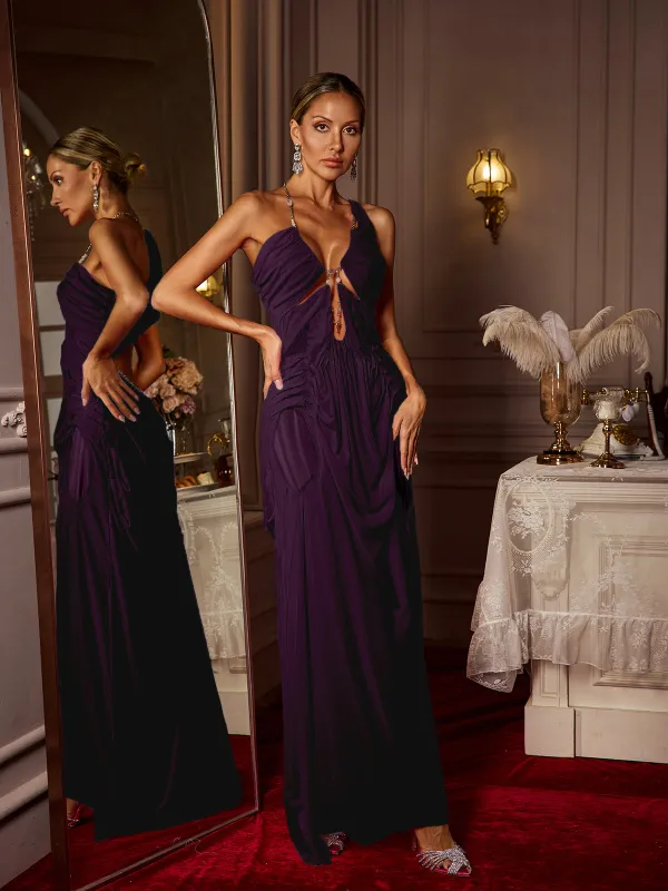 Daiki Halterneck Ruched Maxi Dress In Purple sold by Mew Mews