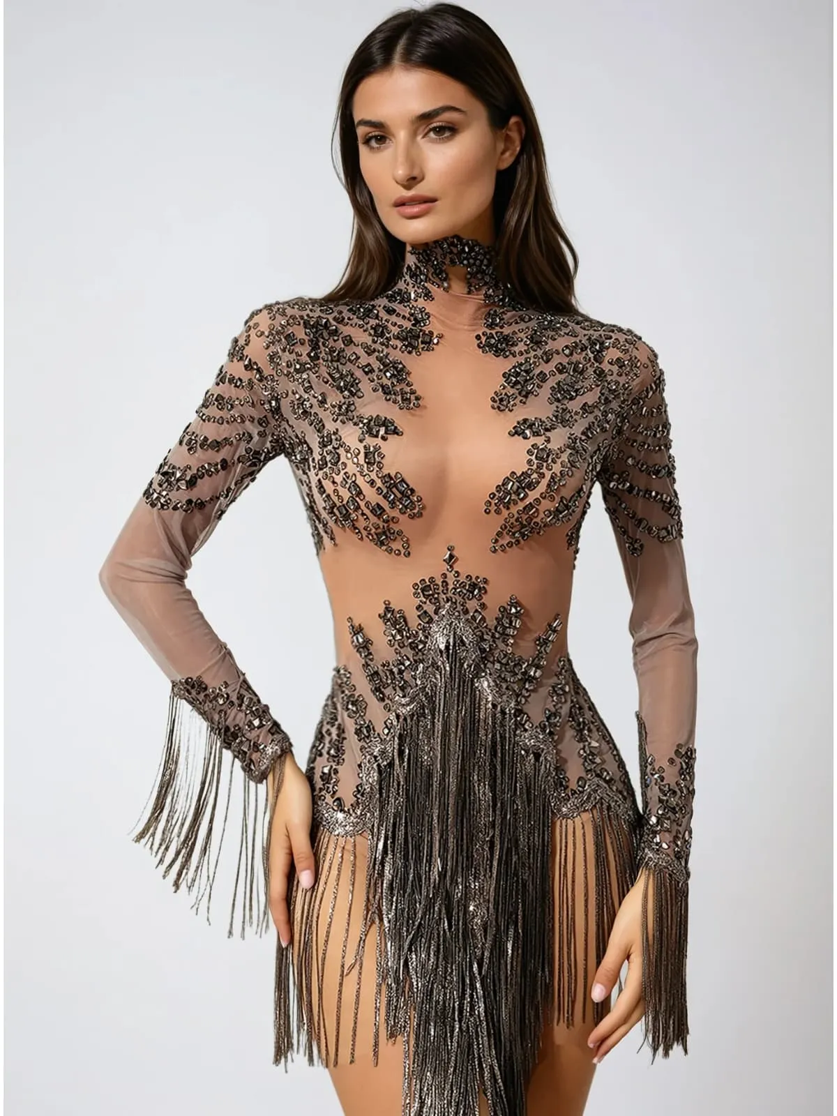 Saeris High Neck Fringe Rhinestone Bodysuit sold by Mew Mews