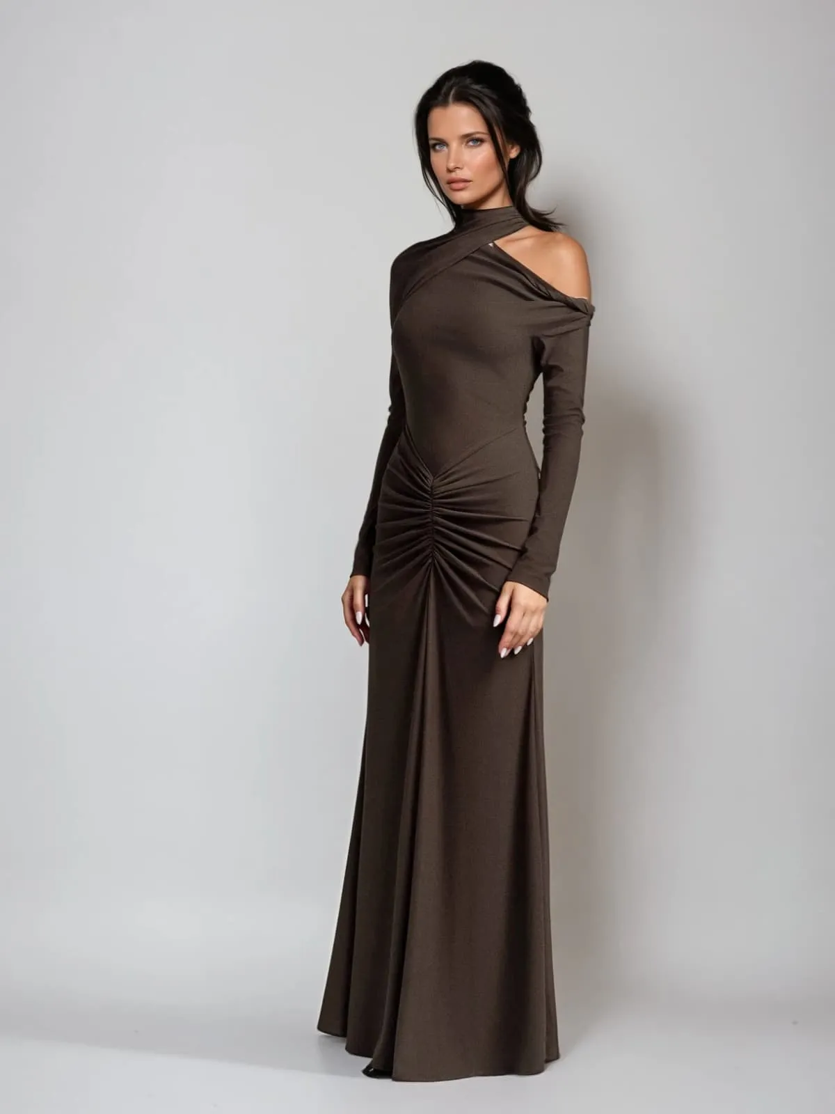 Aelius One Shoulder Ruched Maxi Dress In Brown sold by Mew Mews product image thumbnail 2
