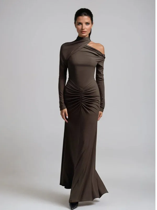 Aelius One Shoulder Ruched Maxi Dress In Brown sold by Mew Mews