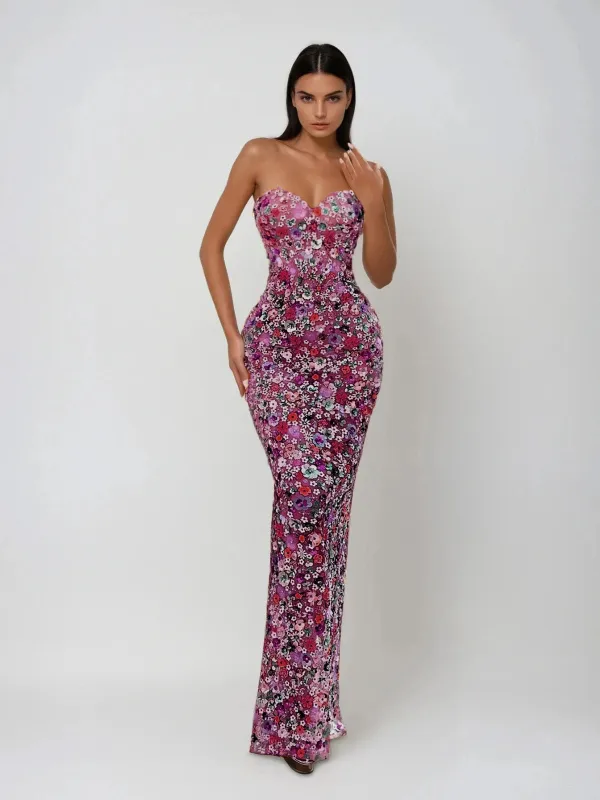 Caldrek Strapless Flower Sequin Maxi Dress sold by Mew Mews