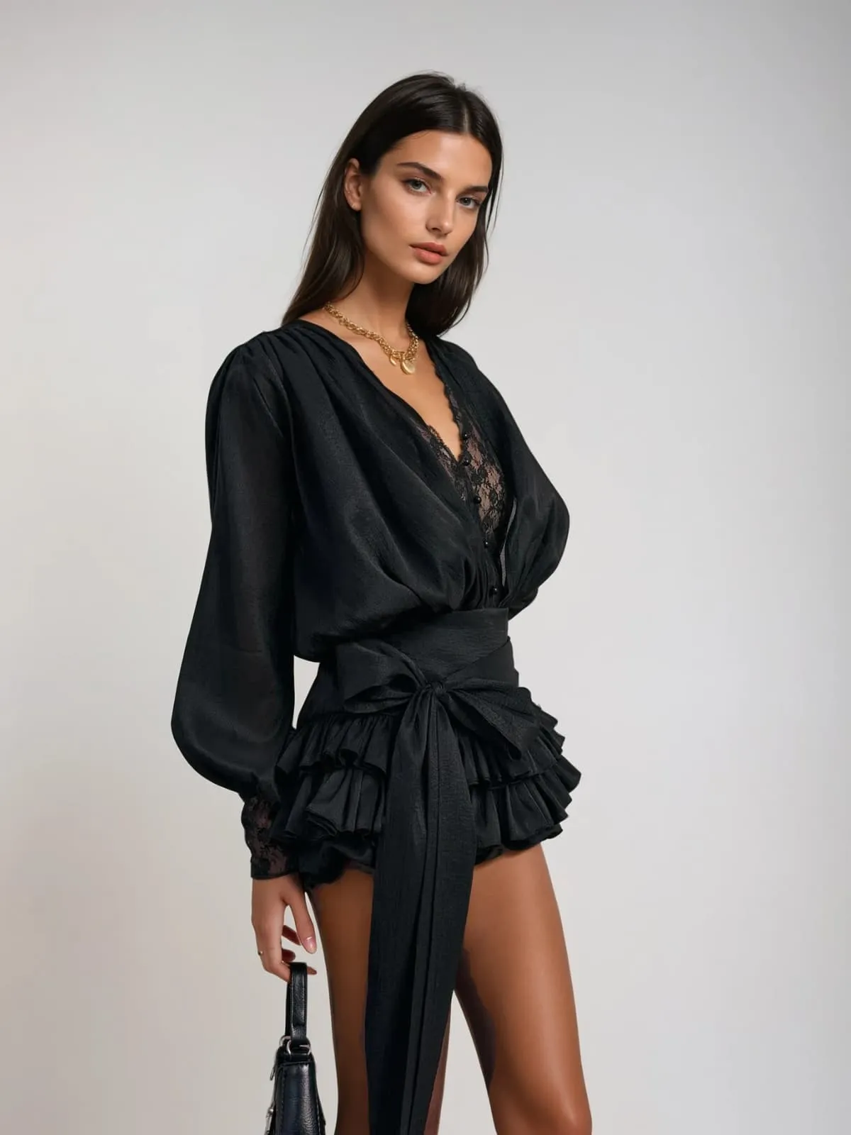 Ulaeron V Neck Lace Bow Mini Dress In Black sold by Mew Mews product image thumbnail 2