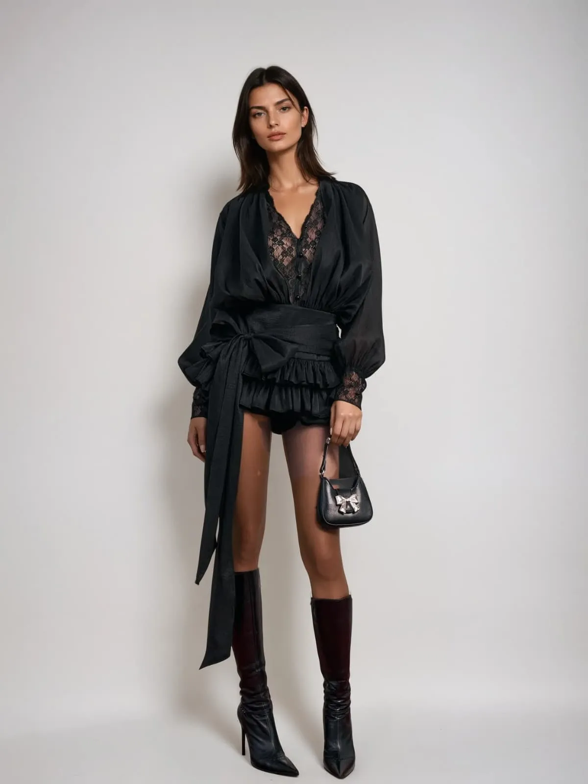 Ulaeron V Neck Lace Bow Mini Dress In Black sold by Mew Mews