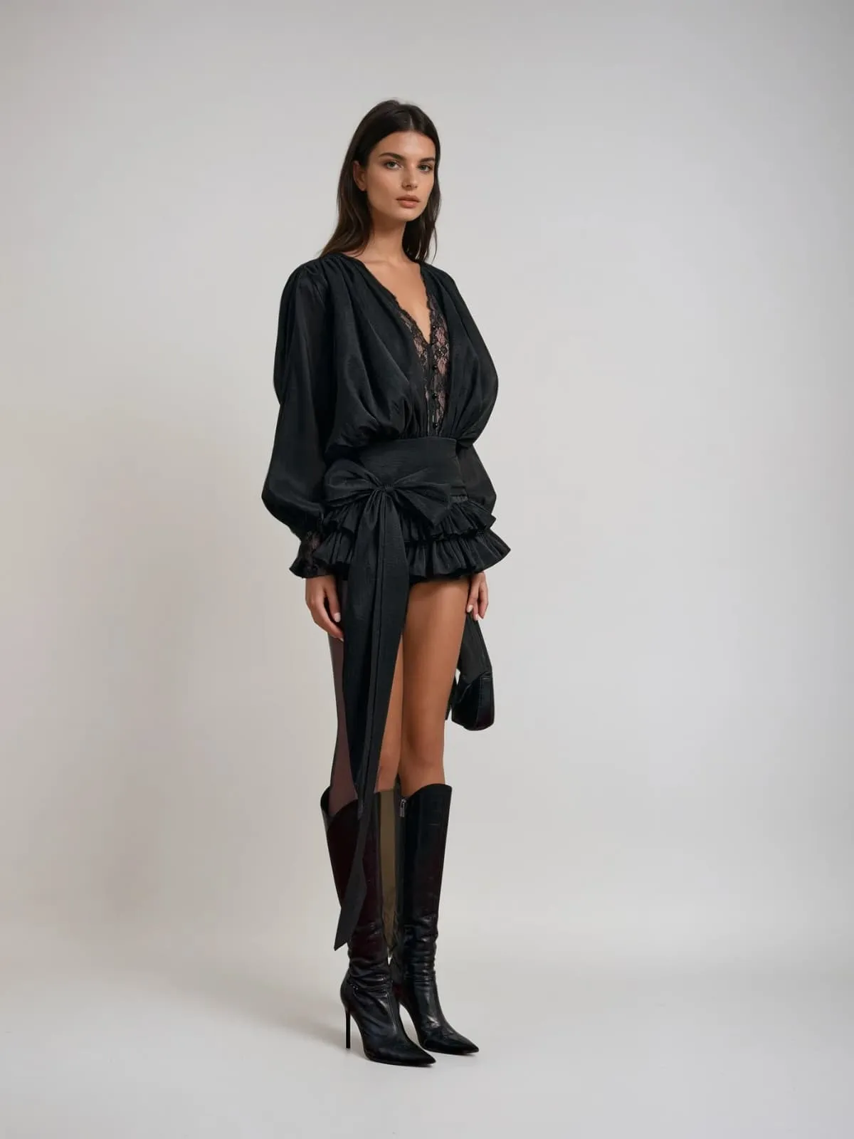 Ulaeron V Neck Lace Bow Mini Dress In Black sold by Mew Mews product image thumbnail 3