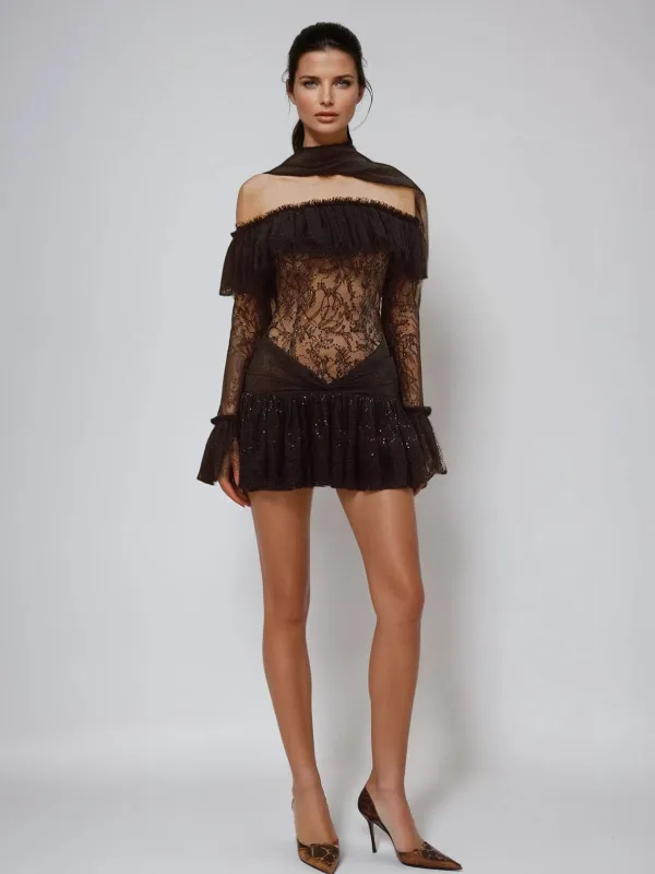 Lyriel Strapless Scarf Lace Sequin Mini Dress sold by Mew Mews