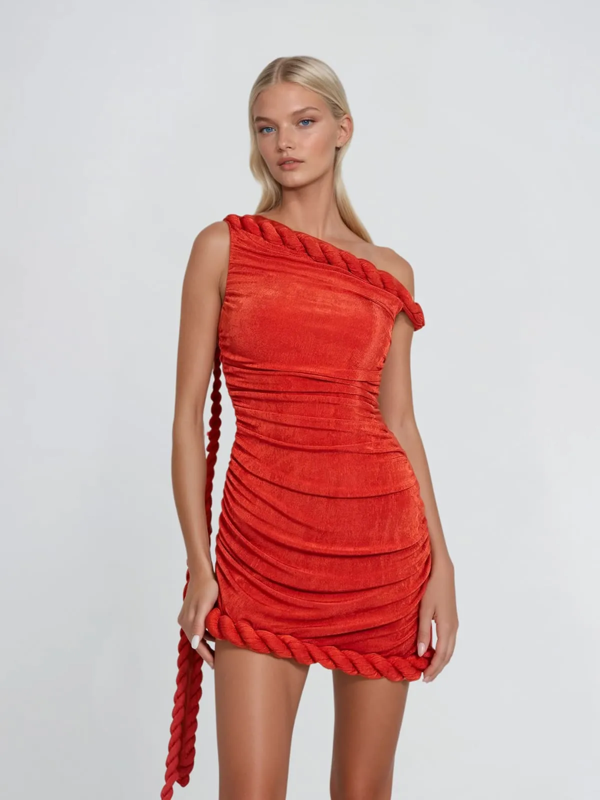 Uryxia One Shoulder Twisted Mini Dress In Red sold by Mew Mews