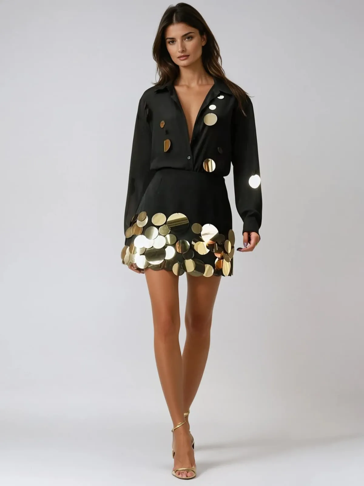 Uthara V Neck Sequin Skirt Set In Black sold by Mew Mews