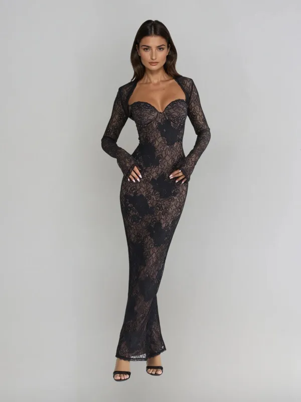 Ulthris Shawl Strapless Lace Maxi Dress sold by Mew Mews